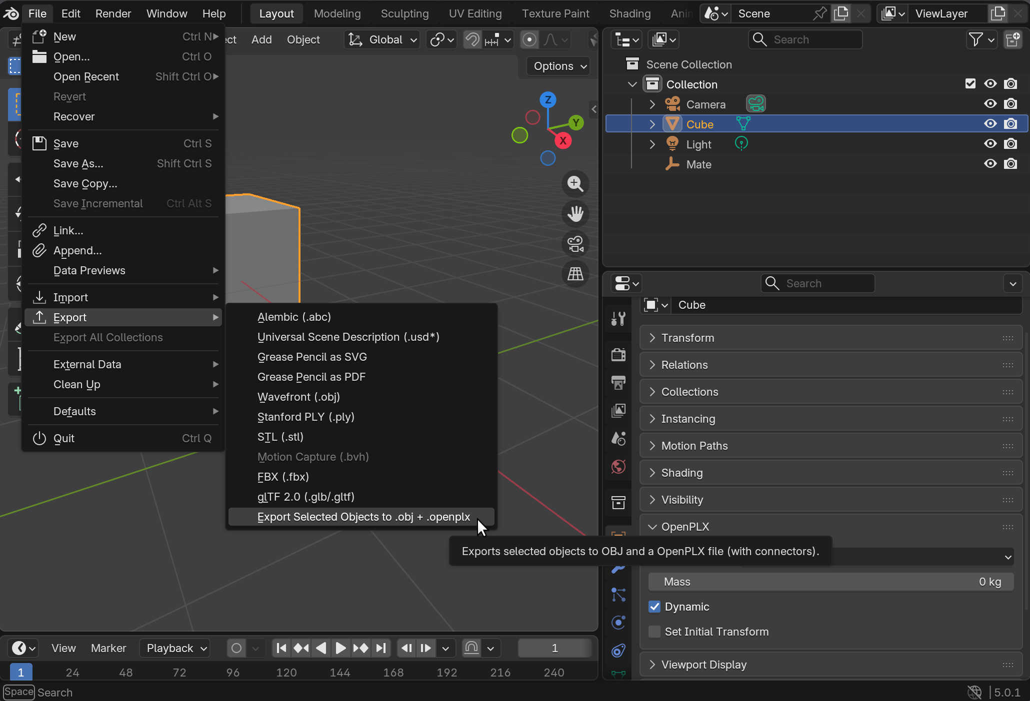 Export menu